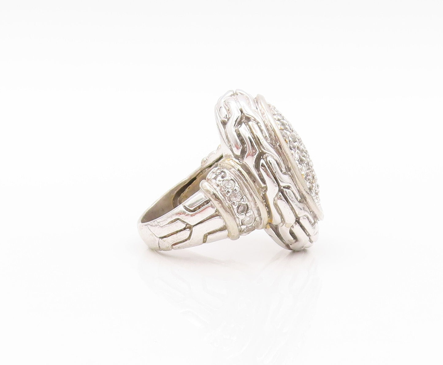 925 Sterling Silver Vintage Ring Large Carved Oval CZ Inlay  Sz 7  RG31837