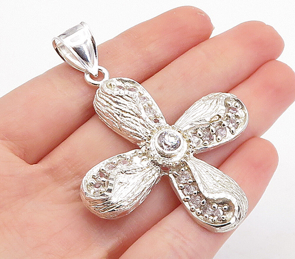 925 Sterling Silver  Vintage Cubic Zirconia Shiny Etched Cross Pendant  PT3871