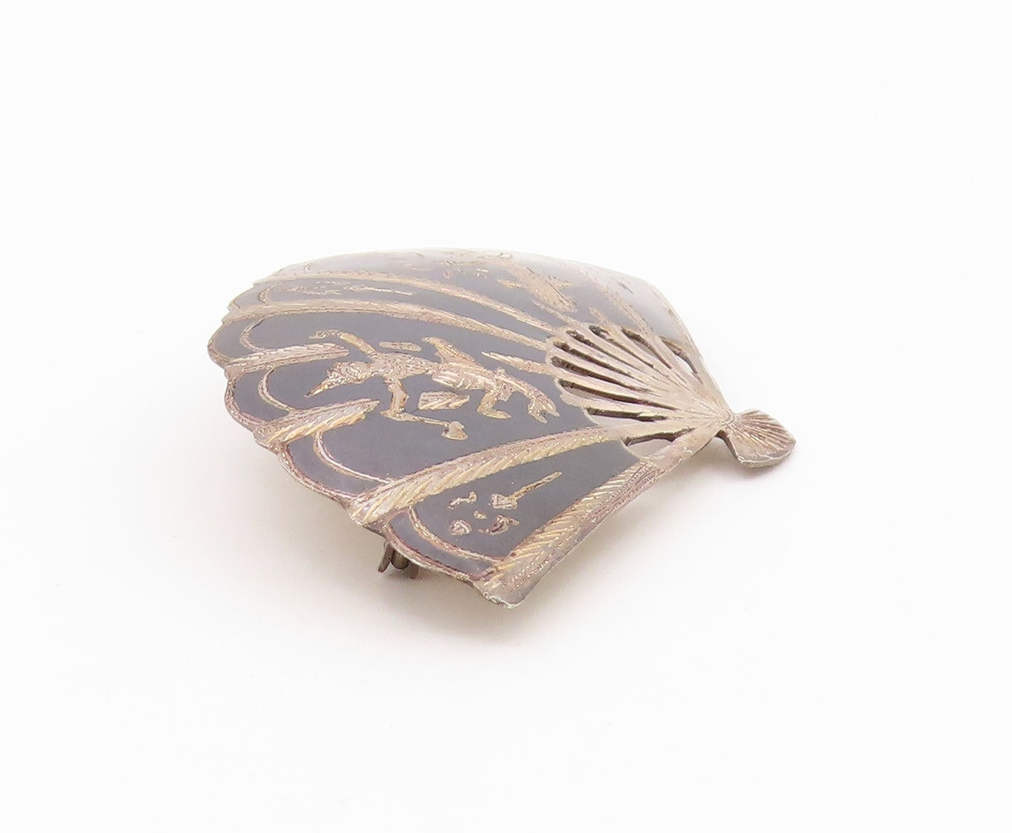SIAM 925 Sterling Silver  Vintage Niello Enamel Hand Fan Brooch Pin  BP6528