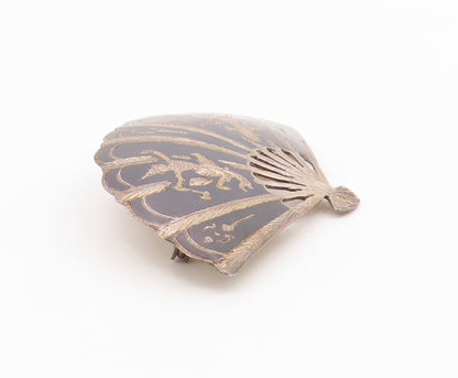 SIAM 925 Sterling Silver  Vintage Niello Enamel Hand Fan Brooch Pin  BP6528