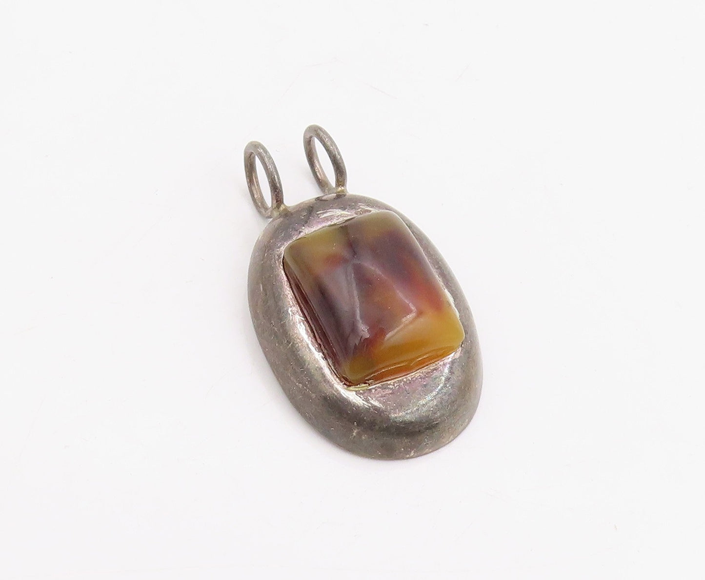925 Sterling Silver Vintage Pendant Cabochon Jasper Modernist Oval Drop  PT25741
