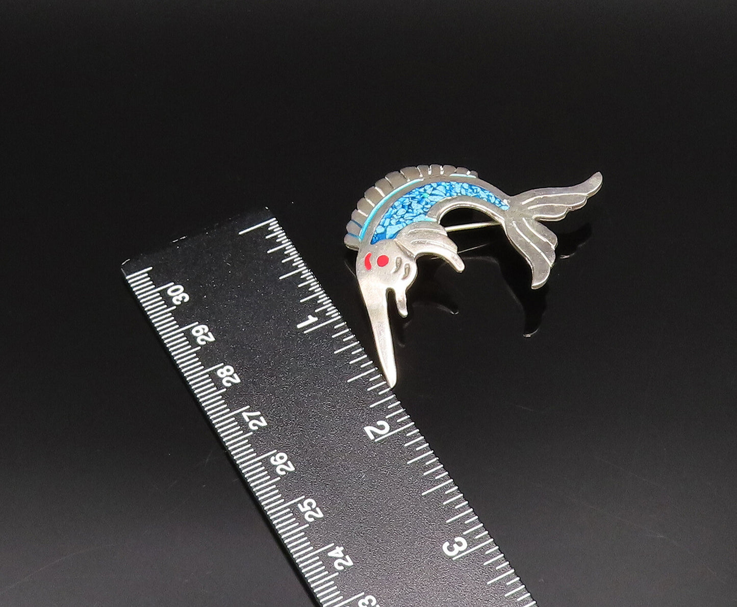 EVC MEXICO 925 Silver  Vintage Enamel & Turquoise Swordfish Brooch Pin  BP9990