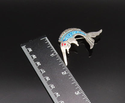 EVC MEXICO 925 Silver  Vintage Enamel & Turquoise Swordfish Brooch Pin  BP9990