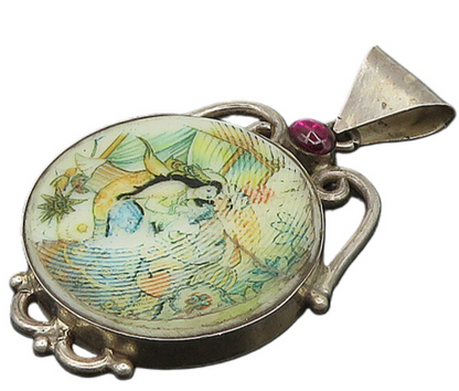 925 Sterling Silver  Vintage Cabochon Cut Topaz Enamel Art Pendant  PT14737
