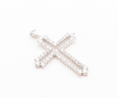 925 Sterling Silver Vintage Pendant Topaz Band Cutout Religious Cross  PT23707