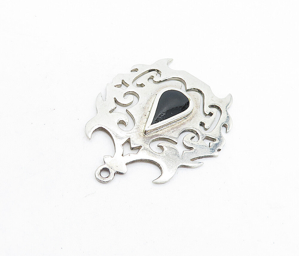 MEXICO 925 Sterling Silver  Vintage Inlaid Black Onyx Swirl Pendant  PT4470