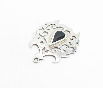 MEXICO 925 Sterling Silver  Vintage Inlaid Black Onyx Swirl Pendant  PT4470