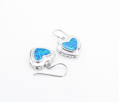 925 Sterling Silver  Inlaid Blue Fire Opal Love Heart Dangle Earrings  EG3314