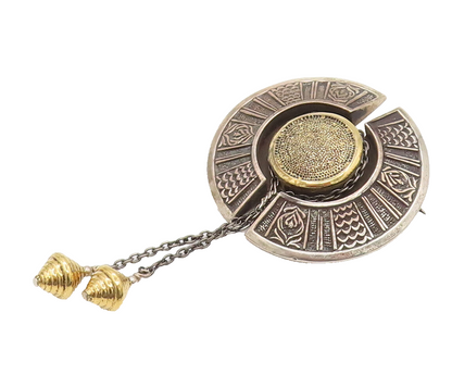 ATARA 925 Silver  Vintage Two Tone Carved & Chained Shield Brooch Pin  BP10180