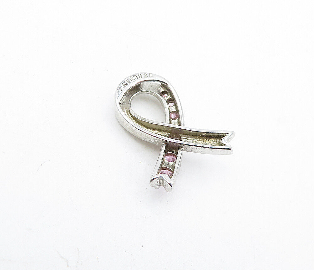 925 Sterling Silver Vintage Pink Topaz Petite Ribbon Motif Pendant PT3289