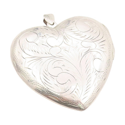 925 Sterling Silver Vintage Pendant Etched Large Floral Love Heart OPENS PT25193