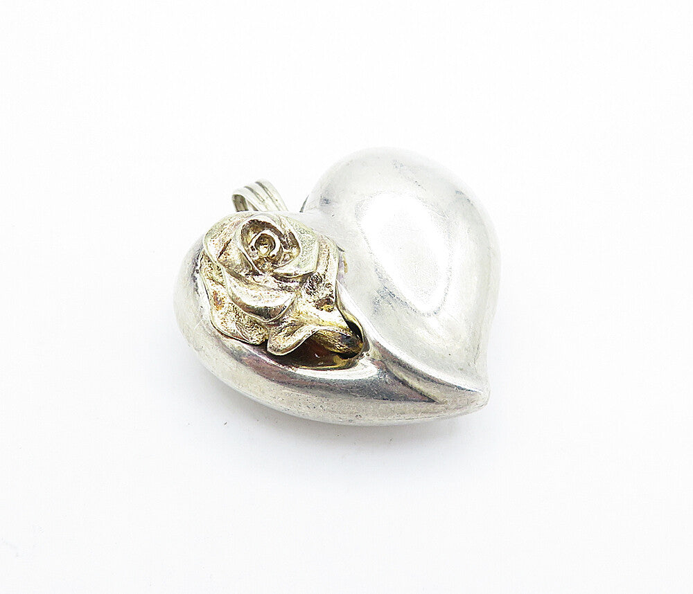 GORHAM 925 Silver  Vintage Two Tone Sculpted Rose Love Heart Pendant  PT4484