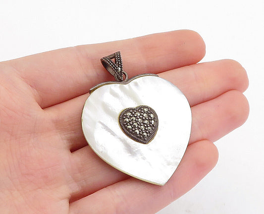 925 Sterling Silver  Vintage Mother Of Pearl & Marcasite Heart Pendant  PT3795