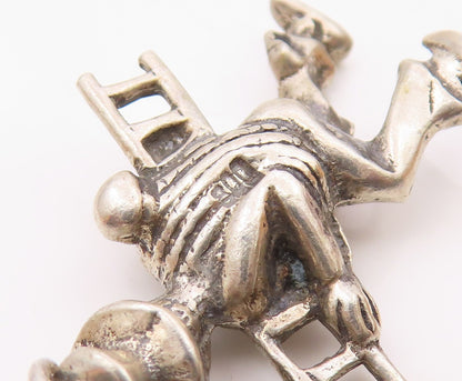 925 Sterling Silver  Vintage Shiny Man Carrying Ladder & Cat Pendant  PT17456
