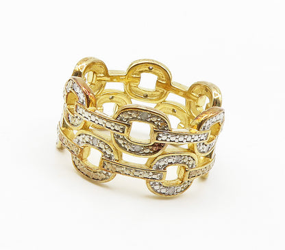 925 Silver  Genuine Diamonds Gold Plated Chain Link Band Ring Sz 9  RG15530