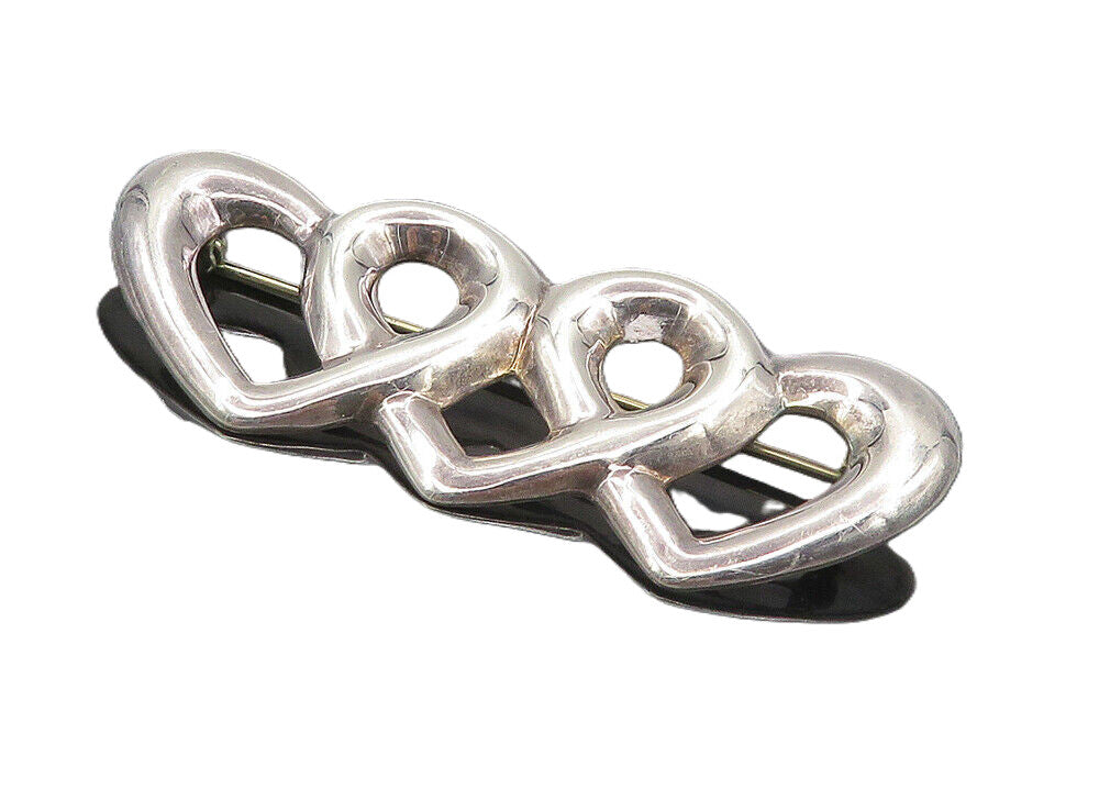 925 Sterling Silver  Vintage Shiny Smooth Open Love Hearts Brooch Pin  BP3430