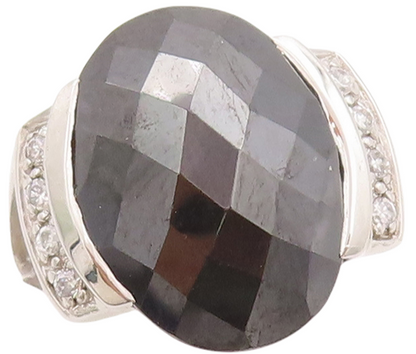 925 Sterling Silver Vintage Ring Oval Cut Onyx & CZ Inlay  Sz 7.5  RG29869