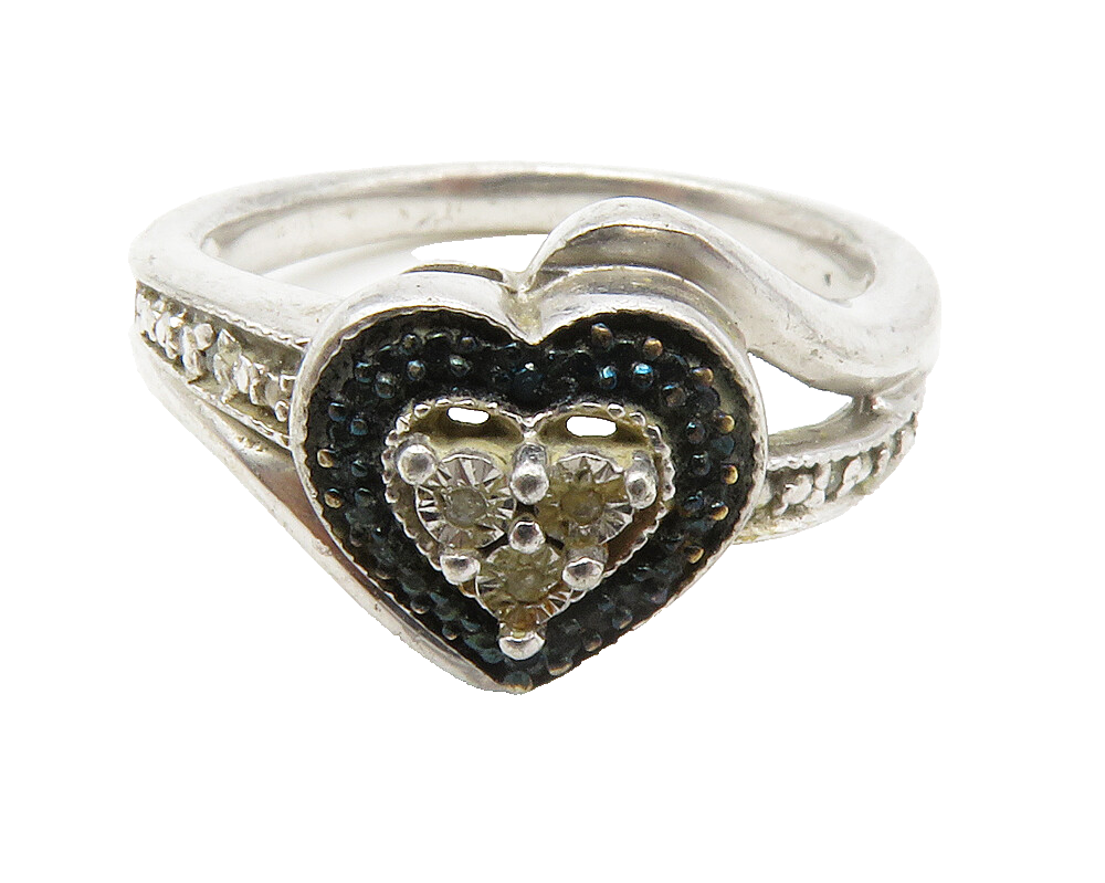 925 Silver  Vintage Genuine Blue & White Diamonds Band Ring Sz 6.5  RG14487