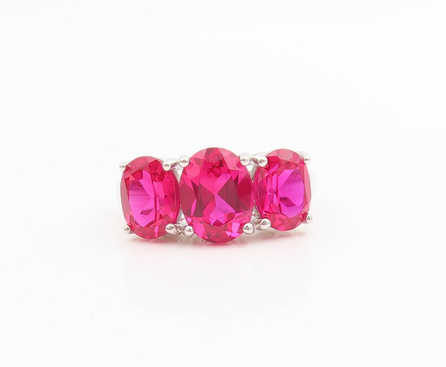925 Sterling Silver Vintage Ring Three Stone Pink CZ Statement Band Sz 7 RG33852