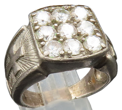925 Silver  Vintage Cubic Zirconia Religious Cross Signet Ring Sz 9  RG24872