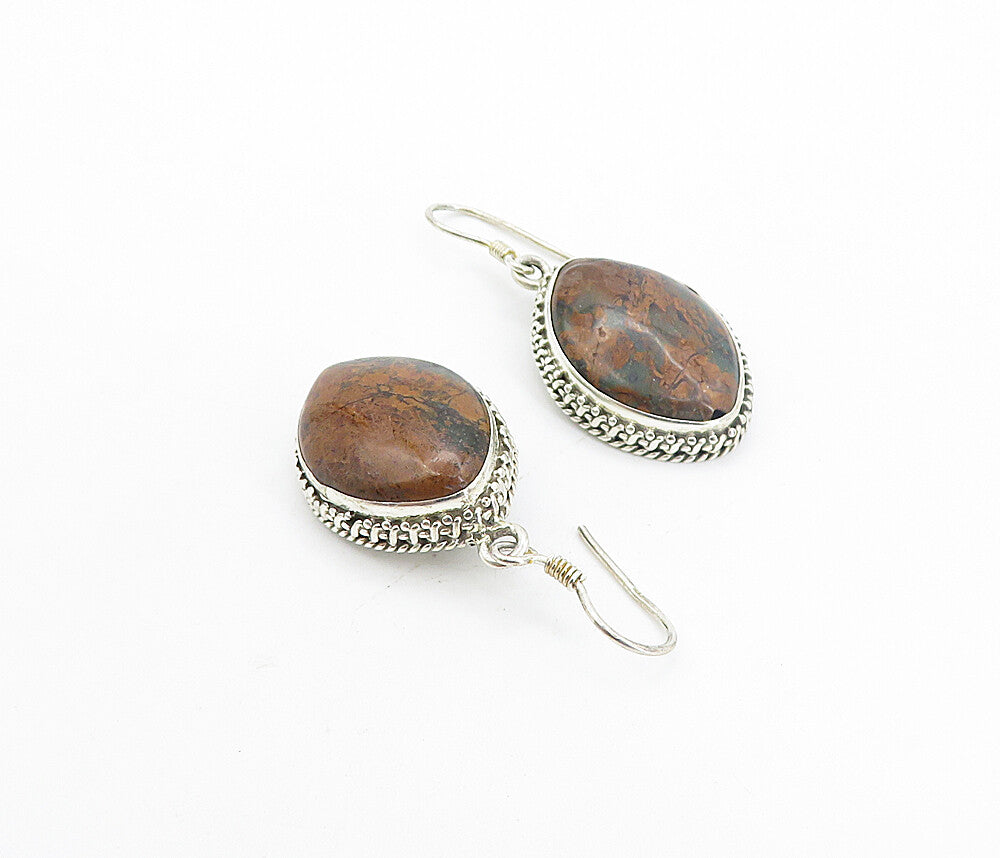 925 Sterling Silver  Vintage Jasper Pointed Oval Shiny Dangle Earrings  EG3645