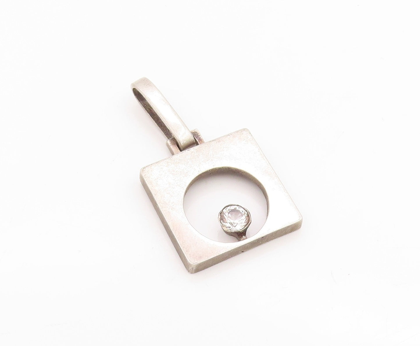 925 Sterling Silver Vintage Pendant Square With Cutout Circle & CZ  PT24408