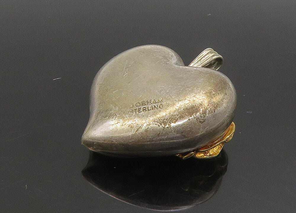 GORHAM 925 Silver  Vintage Two Tone Rose Flower Love Heart Pendant  PT19353