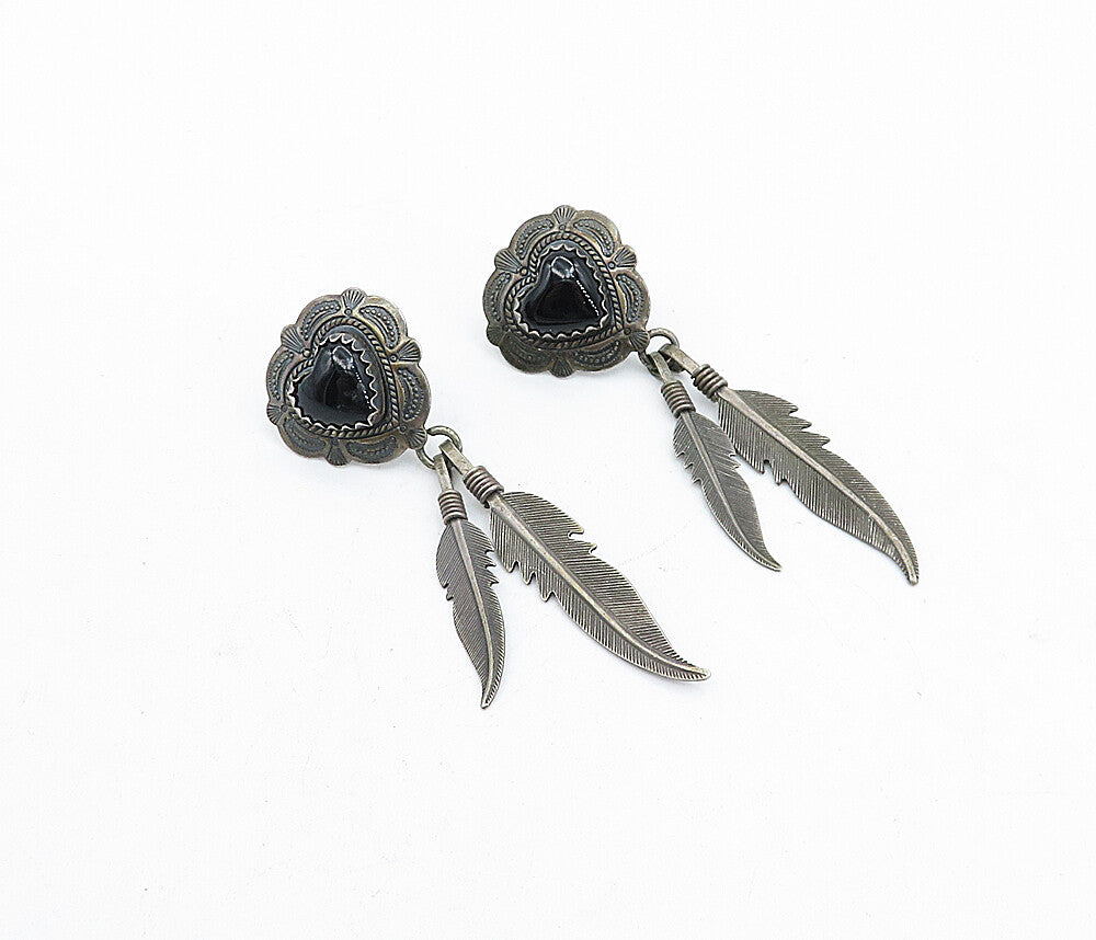 Q.T. NAVAJO 925 Silver  Vintage Black Onyx Love Heart Dangle Earrings  EG2189