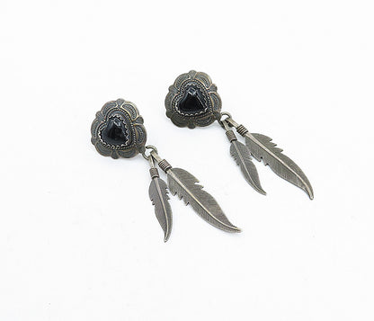 Q.T. NAVAJO 925 Silver  Vintage Black Onyx Love Heart Dangle Earrings  EG2189