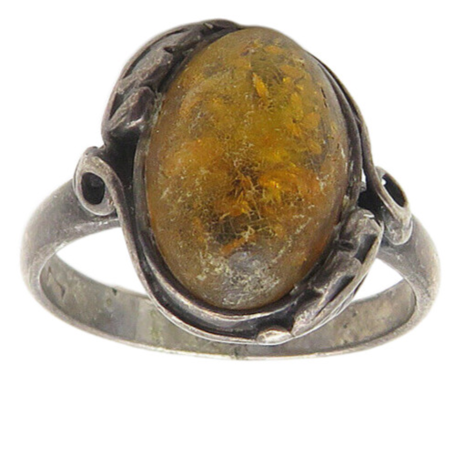 POLAND 925 Sterling Silver  Vintage Cabochon Cut Amber Band Ring Sz 6  RG18420