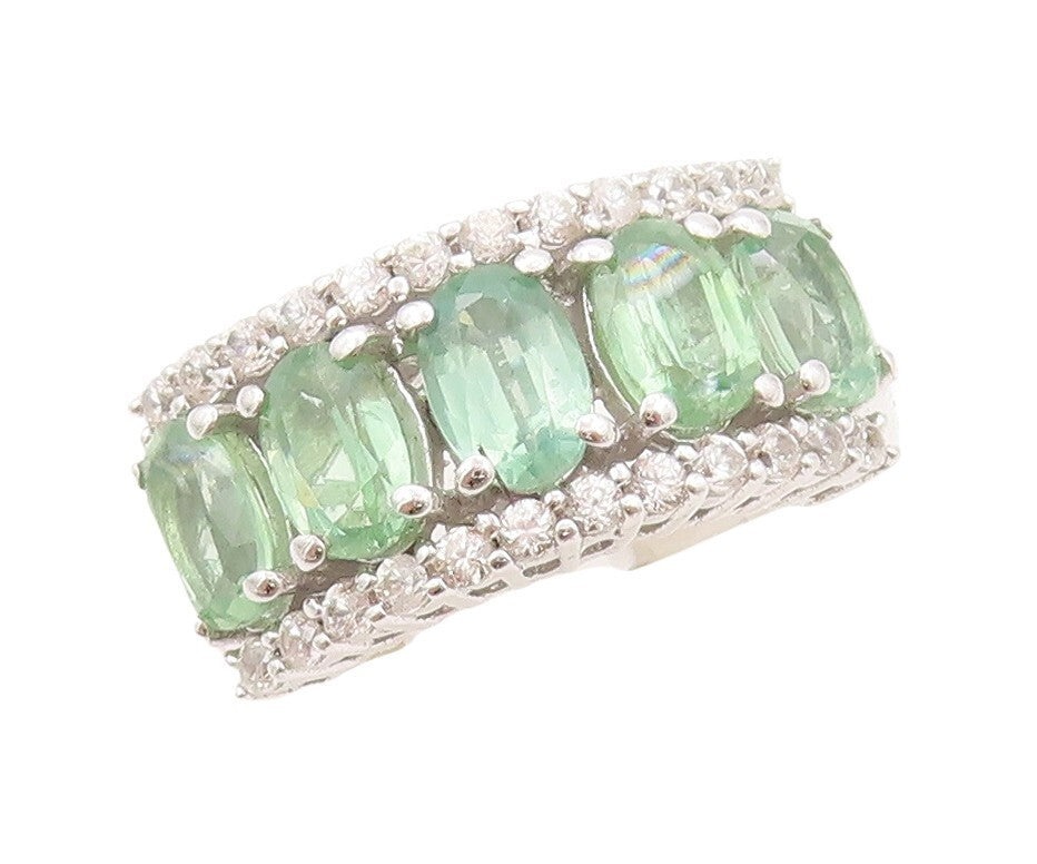 925 Sterling Silver Vintage Ring Rectangle Green White Topaz Band Sz 7.5 RG30286
