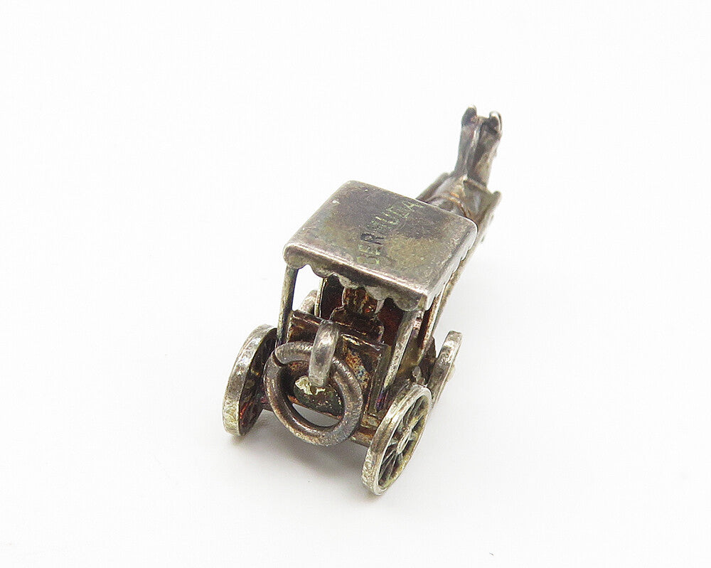 925 Sterling Silver  Vintage Petite Dark Tone Horse & Carriage Pendant  PT8527