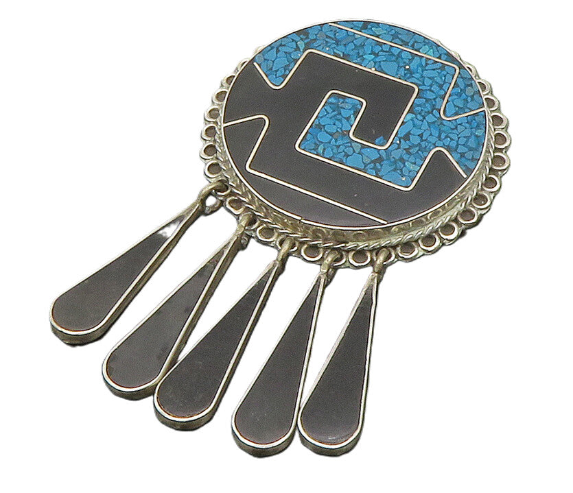 MEXICO 925 Sterling Silver  Vintage Turquoise & Black Onyx Brooch Pin  BP5342
