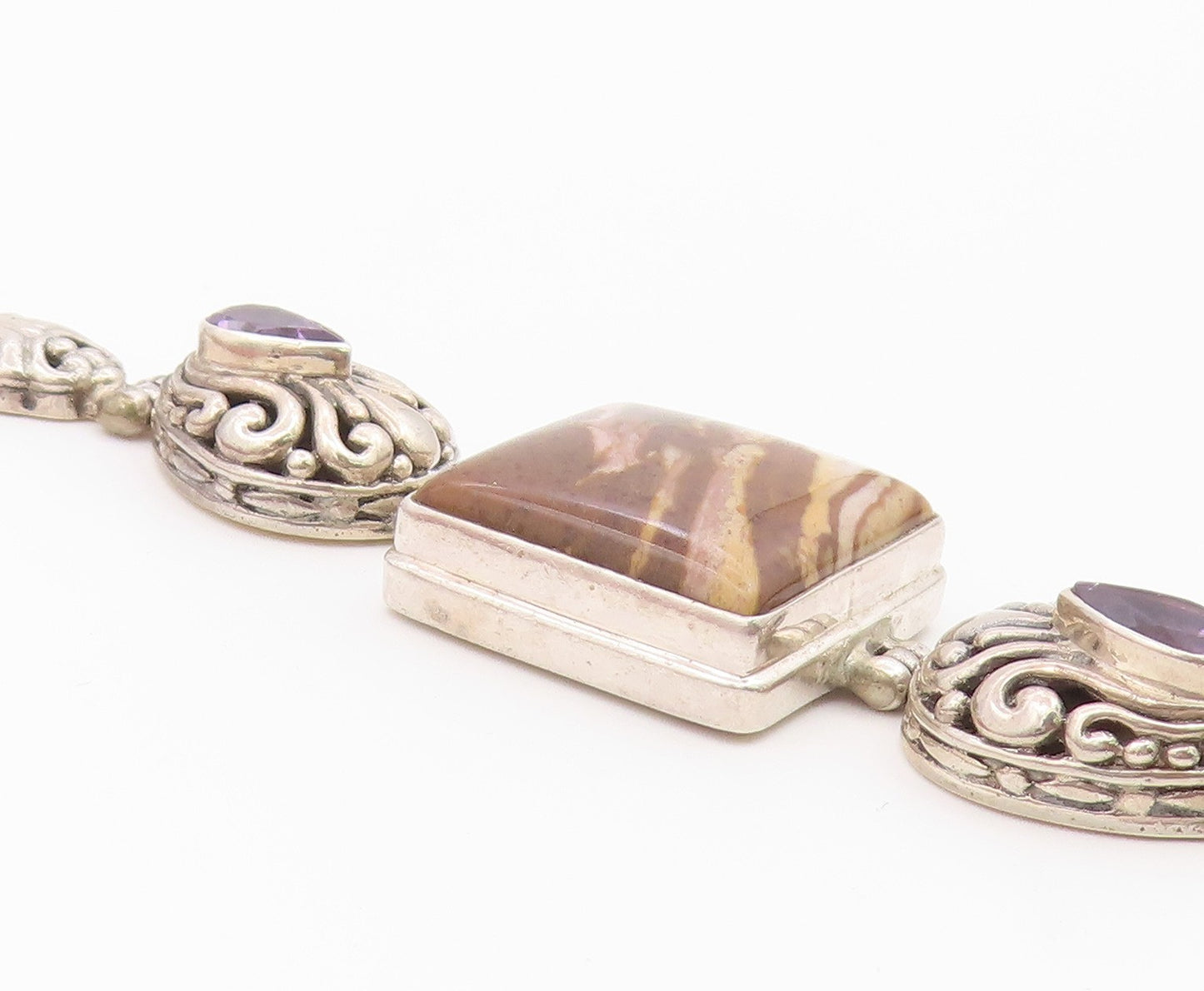 925 Sterling Silver  Vintage Brown Jasper & Amethyst Chain Bracelet  BT3896