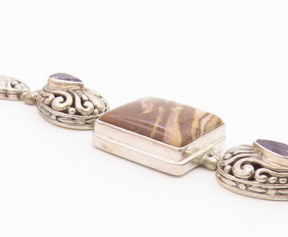 925 Sterling Silver  Vintage Brown Jasper & Amethyst Chain Bracelet  BT3896