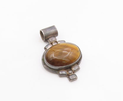 925 Sterling Silver  Vintage Cabochon Tiger's Eye Dark Tone Pendant  PT12807