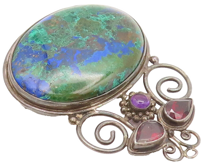 925 Sterling Silver Vintage Brooch Pin SAJEN Azurite Garnet & Amethyst  BP10619