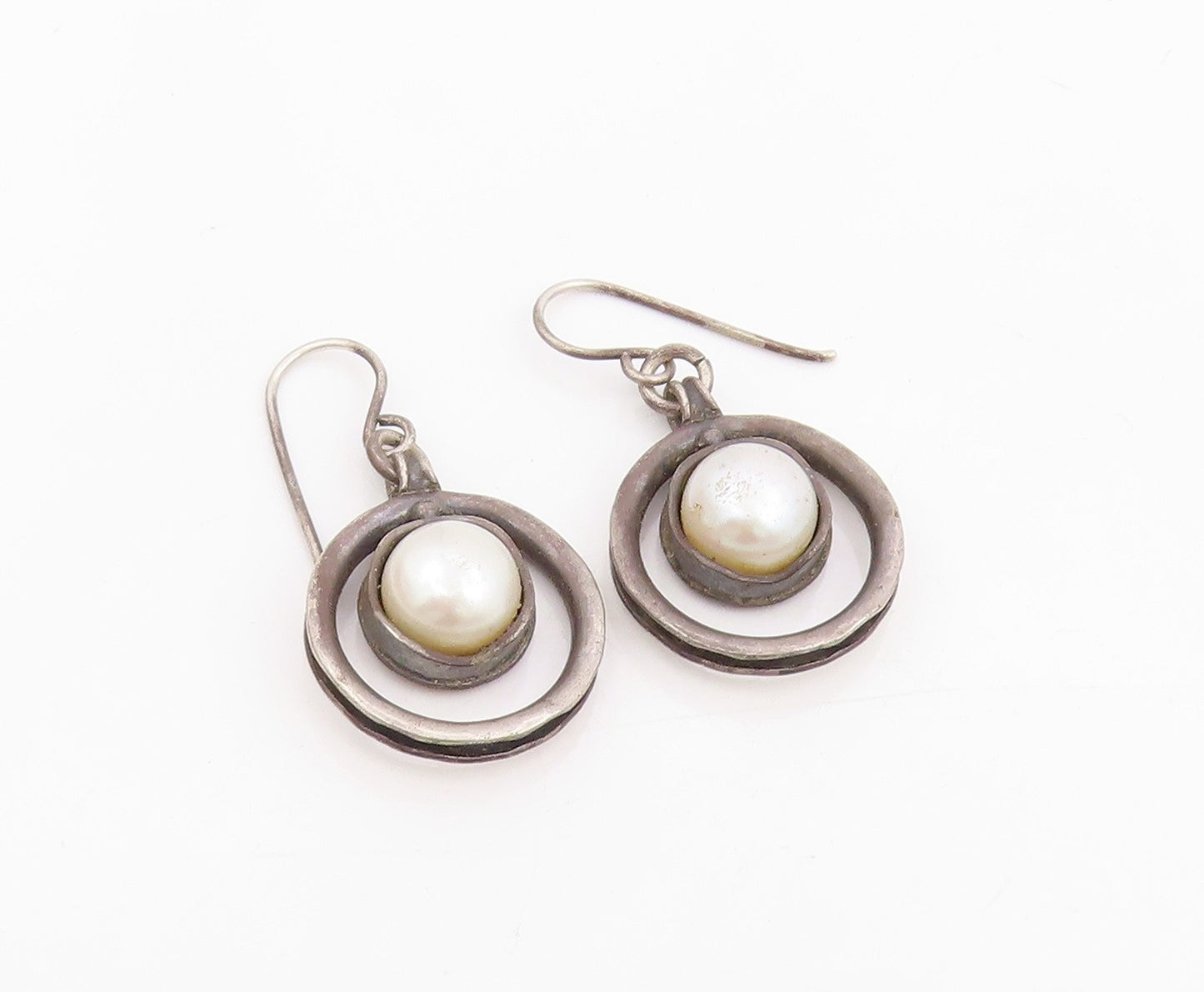 925 Sterling Silver Vintage Earrings ISRAEL Pearl Open Circle Dangle  EG14090