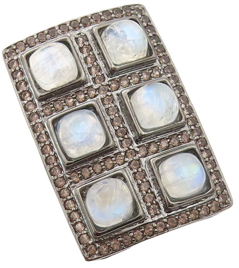 925 Sterling Silver Vintage Ring Rectangular Smoky Quartz Moonstone Sz 7 RG30800