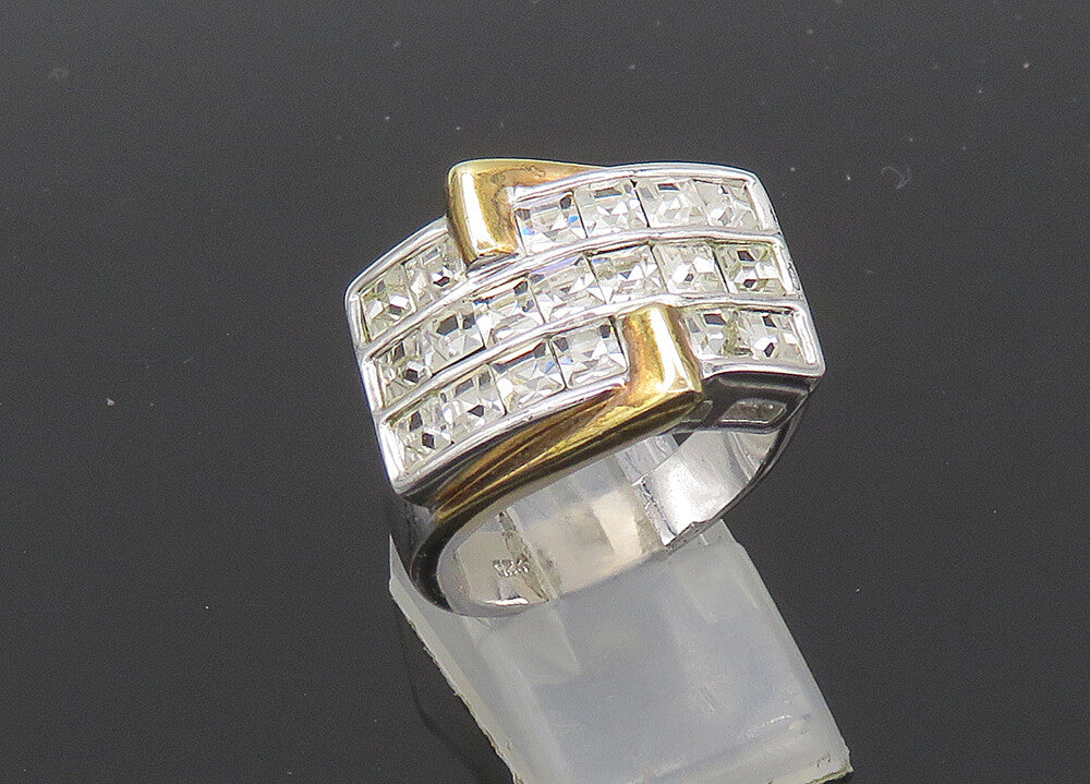 925 Silver  Vintage Sparkling Cubic Zirconia 2 Tone Band Ring Sz 9  RG20917