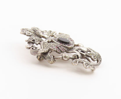 925 Sterling Silver Vintage Brooch Pin Onyx  & Ruby Winged Goddess  BP12590