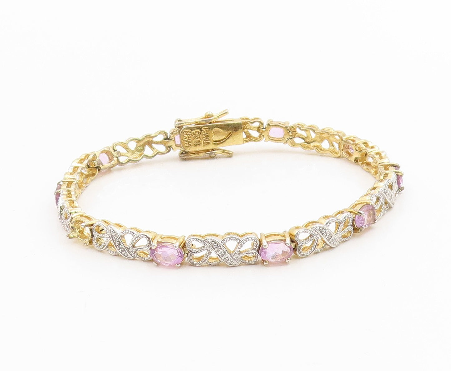 925 Sterling Silver Vintage Bracelet Gold Plated Elegant Amethyst Link  BT12007