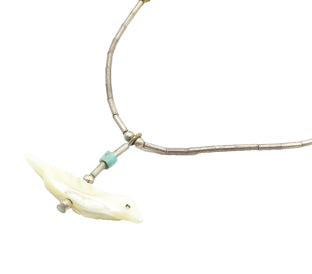 SOUTHWESTERN 925 Silver Vintage Mother Of Pearl & Turquoise Necklace NE2680