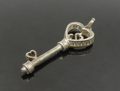 925 Silver  Vintage Genuine Black & White Diamonds Heart Key Pendant  PT19687