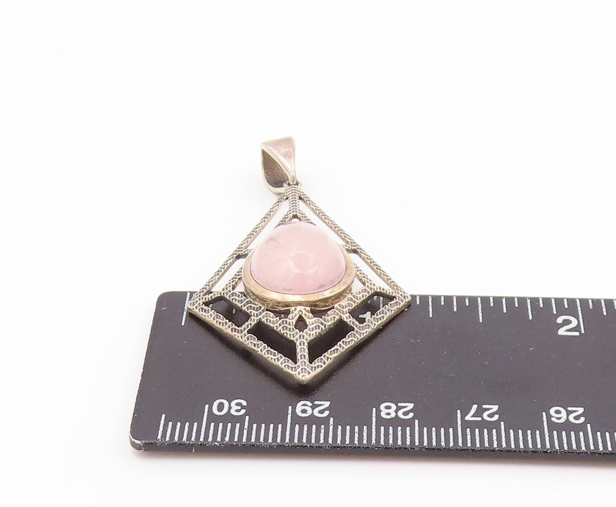 925 Sterling Silver Vintage Pendant Cabochon Rose Quartz Geometric Frame PT26479