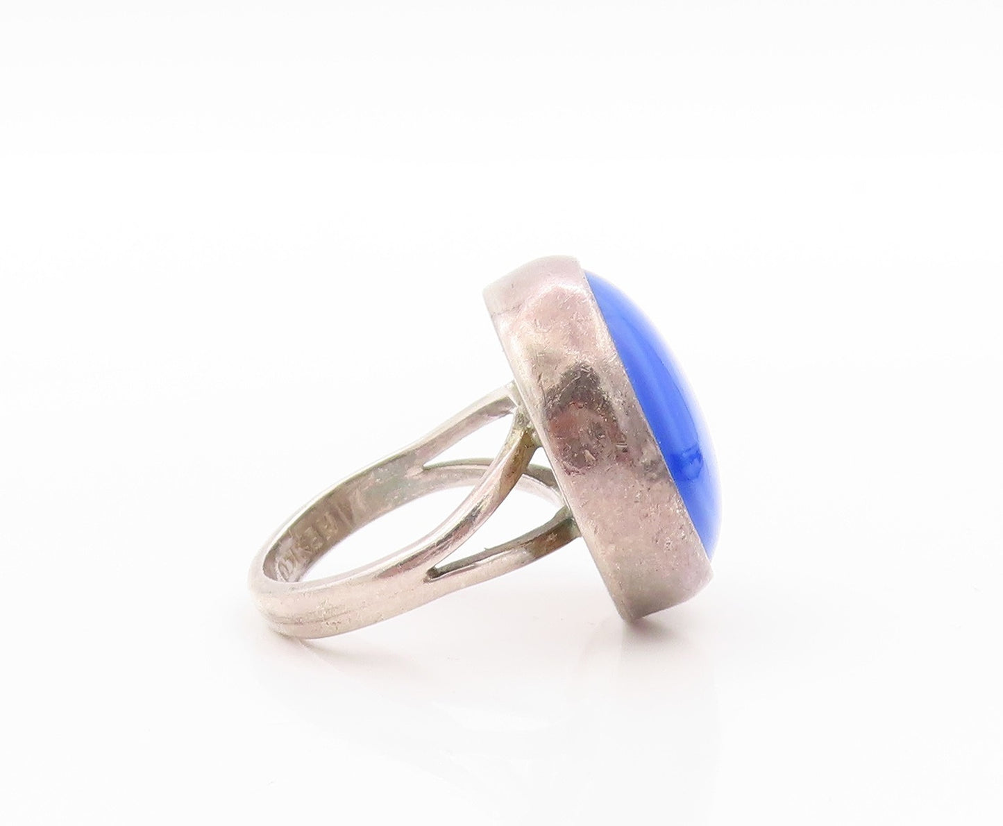 925 Sterling Silver Vintage Ring Cabochon Blue Round Gemstone  Sz 5  RG33315