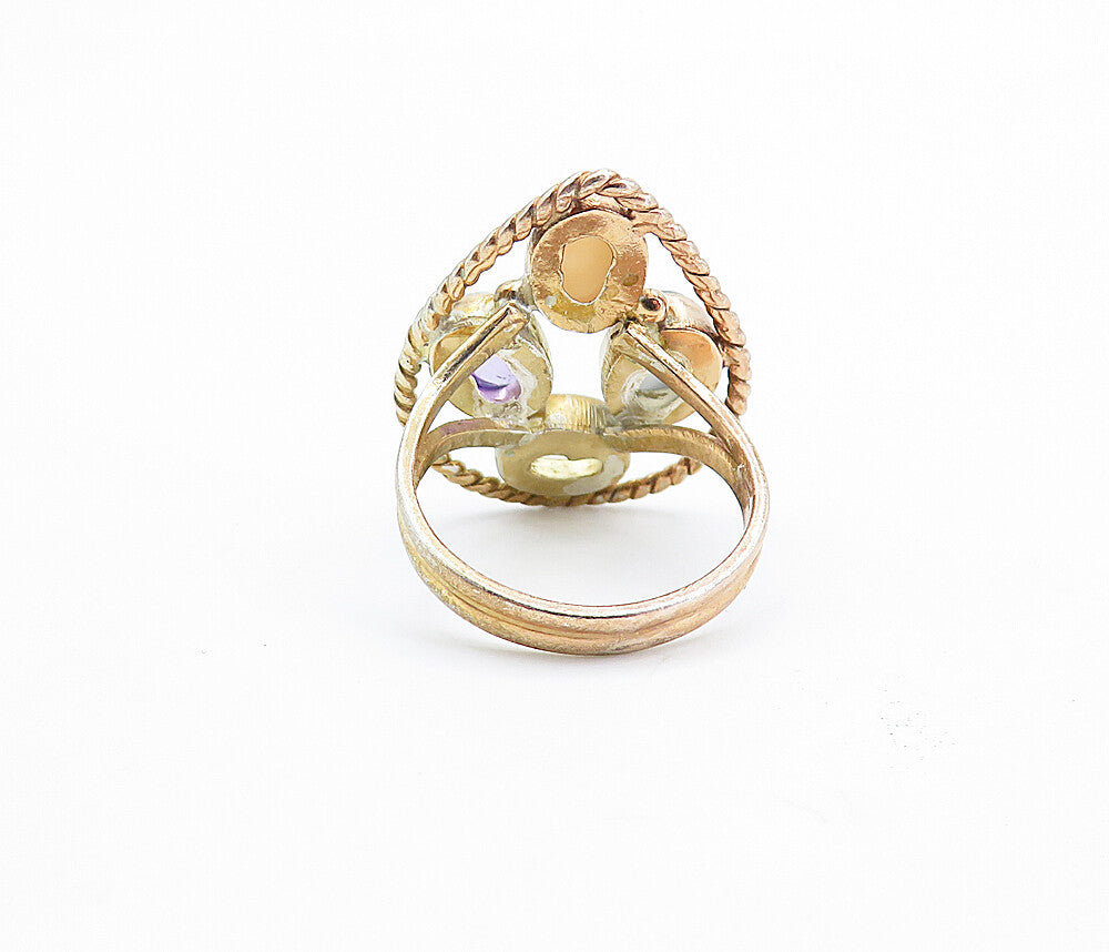 925 Silver  Amethyst Topaz & Mother Of Pearl Twist Cocktail Ring Sz 6  RG6579