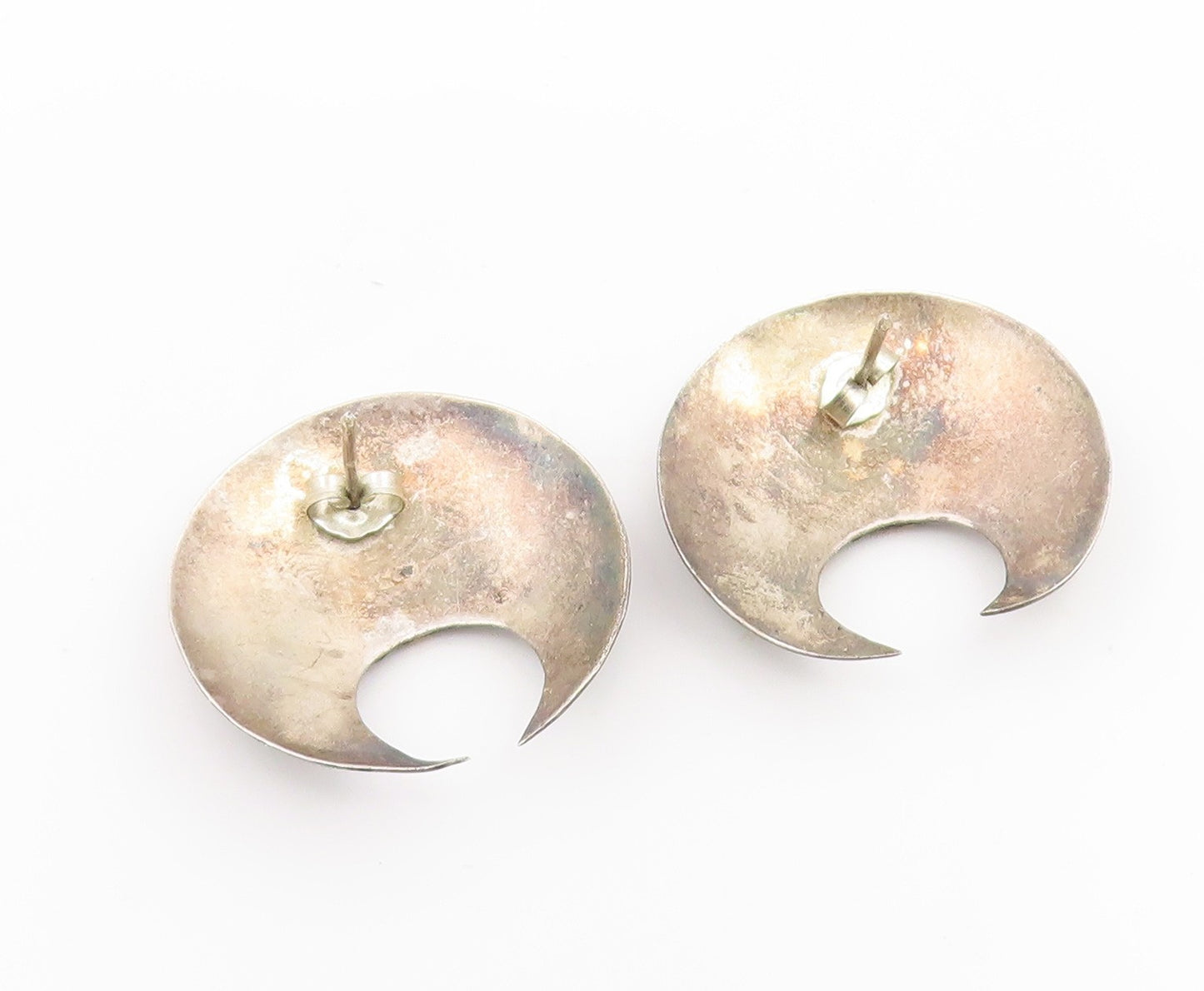 14k Gold & 925 Sterling Silver Vintage Earrings Bold Crescent Moon Stud  EG14188