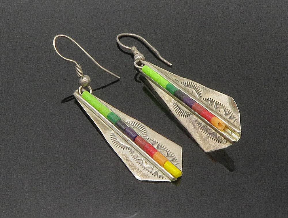 NAVAJO 925 Silver Vintage Gaspeite & Multi Stone Dangle Earrings EG11555