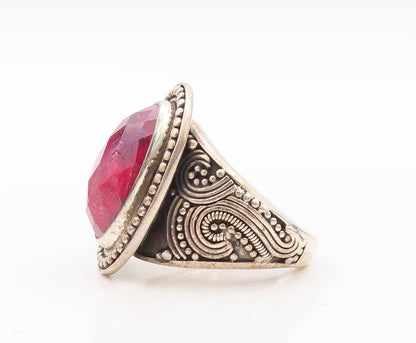 925 Sterling Silver Vintage Ring Oval Red Gemstone Halo Beaded  Sz 8.5  RG30201